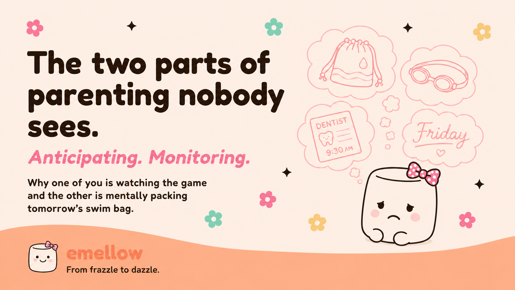 Cream-pink header reads "The two parts of parenting nobody sees. Anticipating. Monitoring." with the watching-the-game context line; thought-bubble cluster shows swim bag, dentist card, Friday.