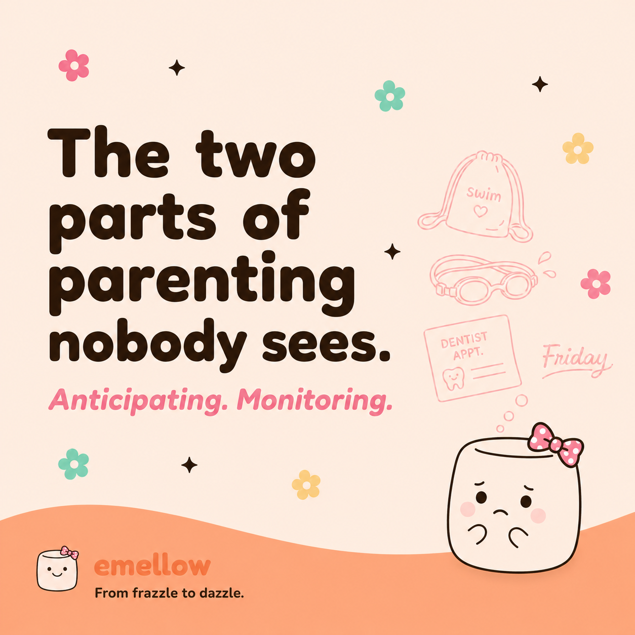 Cream-pink tile reads "The two parts of parenting nobody sees. Anticipating. Monitoring." mellie looks gently concerned beside a swim bag, goggles, and a Friday dentist note.