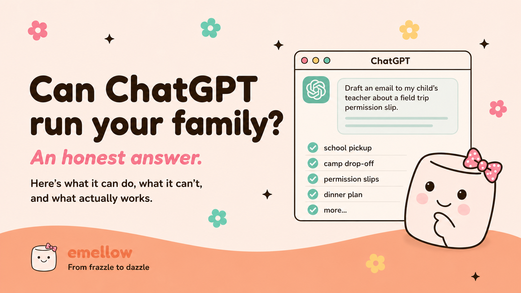 Cream-pink header reads "Can ChatGPT run your family? An honest answer." with the what-it-can-do context line; mellie beside a ChatGPT window drafting a teacher email.