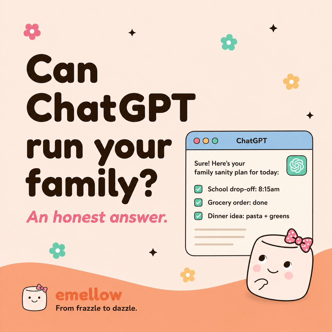 Cream-pink tile reads "Can ChatGPT run your family? An honest answer." mellie thinks beside a ChatGPT window listing school drop-off, grocery order, dinner idea.